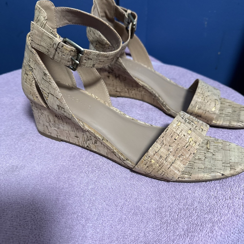 AEROSOLES Beige Cork Wedge Sandals with Ankle Strap